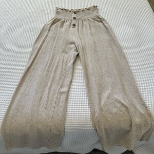 Vici Neutral Taupe Smocked Waist Wide-Leg Linen Pants